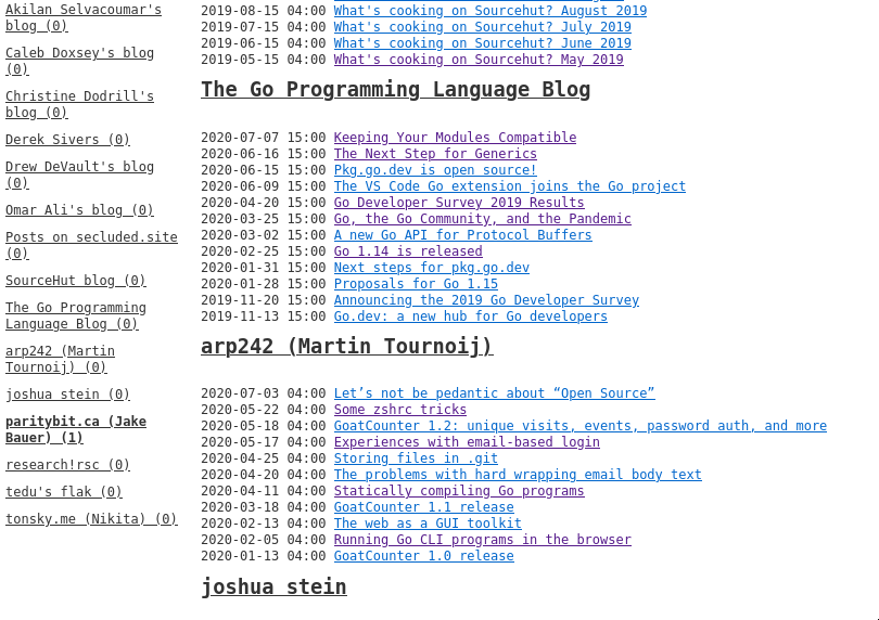 A screenshot of the sfeed page, showing a list of blog posts from different blogs that I follow